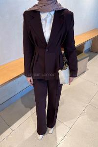 Lamelif Belden Oturtmalı Ceket-Pantolon Takım Mürdüm