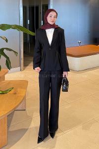 Lamelif Belden Oturtmalı Ceket-Pantolon Takım Siyah