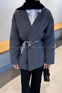 Lamelif Kemerli Tesettür Ceket Antrasit