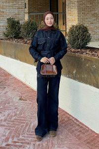 Lamelif Yaka Detaylı Kot Takım Koyu Mavi Yıkama Rengi