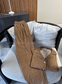 Lamelif Açık Kahve Puantiyeli Düğmeli Süet Kadın Pijama Seti