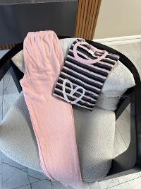 Lamelif Çizgili Raporlu İnterlok Happy Kalp Nakış Baskılı Penye Pijama Seti