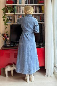 Lamelif Bağlama Detaylı Kot Elbise Açık Mavi