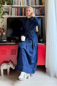 Lamelif Bağlama Detaylı Kot Elbise Koyu Mavi