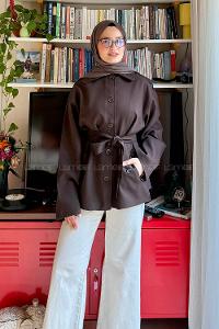 Lamelif Bağlama Detaylı Omuz Apoletli Trençkot Acı Kahve