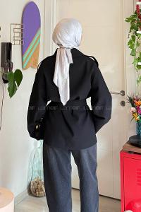 Lamelif Bağlama Detaylı Omuz Apoletli Trençkot Siyah