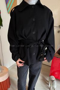 Lamelif Bağlama Detaylı Omuz Apoletli Trençkot Siyah