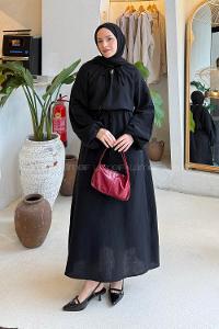 Lamelif Balon Kol Bağlamalı Tesettür Elbise Siyah