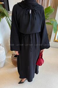 Lamelif Balon Kol Bağlamalı Tesettür Elbise Siyah