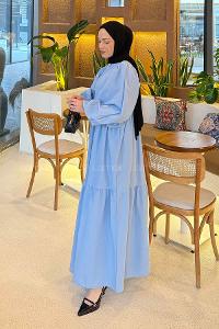 Lamelif Balon Kol Katlı Tesettür Elbise Bebe Mavisi