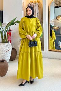 Lamelif Balon Kol Katlı Tesettür Elbise Yağ Yeşili