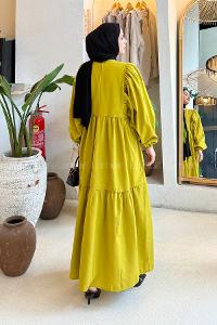 Lamelif Balon Kol Katlı Tesettür Elbise Yağ Yeşili