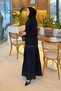 Lamelif Bel Büzgülü Tesettür Elbise Siyah
