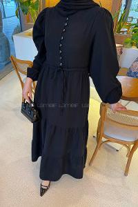 Lamelif Bel Büzgülü Tesettür Elbise Siyah