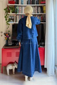 Lamelif Boyun Bağlama Detaylı Etekli Takım Kot Mavisi