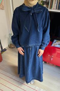 Lamelif Boyun Bağlama Detaylı Etekli Takım Kot Mavisi