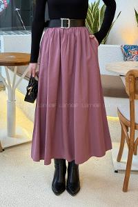 Lamelif Cep Detaylı Tensel Kloş Etek Gül Kurusu