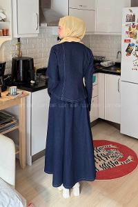 Lamelif Çıtçıt Detaylı Etekli Kot Takım Koyu Mavi