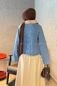 Lamelif Çıtçıtlı Vizonrengi Gömlek Yaka Detaylı Denim Ceket Kot Mavisi