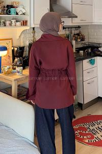 Lamelif Dökümlü Kemerli Trençkot Bordo