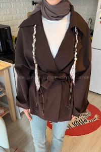 Lamelif Dökümlü Kemerli Trençkot Kahve