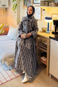 Gray Foulard Neck Long Arm Cotton Flare Suit