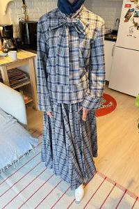 Gray Foulard Neck Long Arm Cotton Flare Suit