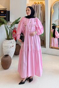 Candy Pink Crew Neck Cotton Printed Dresess