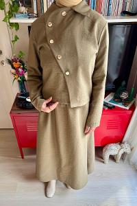 Lamelif Gold Düğme Detaylı Etekli Takım Haki