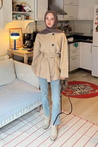 Lamelif Kemerli Ceket Vizonrengi