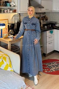 Lamelif Kemerli Kot Elbise Açık Mavi