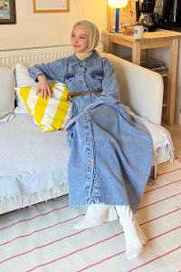 Lamelif Kemerli Kot Elbise Açık Mavi