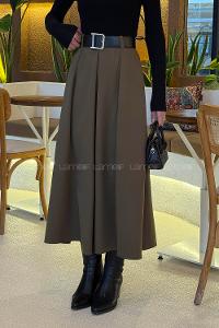Khaki Polyester Flared Skirt Skirt