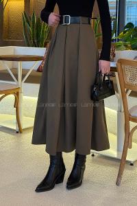 Khaki Polyester Flared Skirt Skirt