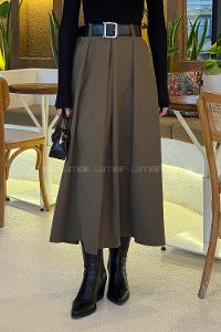 Khaki Polyester Flared Skirt Skirt