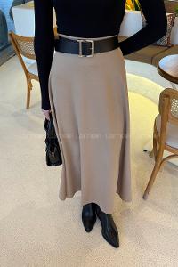 Brown With Milk Cotton Elastan Unprinted Flare Skirt