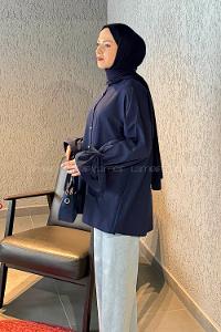 Navy Blue Shirt Collar Long Arm Poplin Fabric Shirt