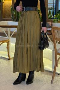 Oil Green Cotton Fabric Flare Skirt