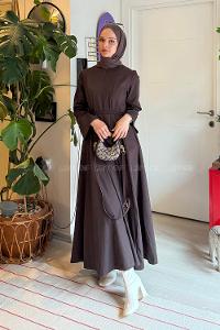 Lamelif Kup Detaylı Tesettür Elbise Acı Kahve