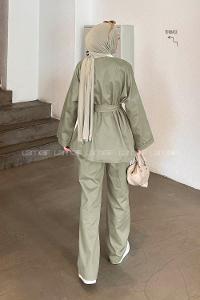 Lamelif Kuşaklı Gabardin Takım Koyu Yeşil