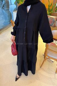 Lamelif Ön Yarım Düğme Detaylı Müslin Kumaş Tesettür Elbise Siyah