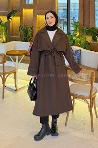 Lamelif Uzun Apoletli Oversize Trenç Kahverengi