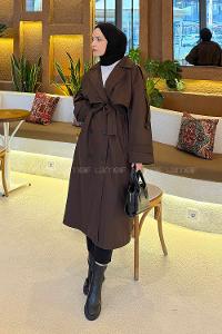 Lamelif Uzun Apoletli Oversize Trenç Kahverengi