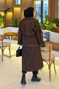 Lamelif Uzun Apoletli Oversize Trenç Kahverengi