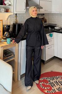 Lamelif Yarasa Kol Pantolonlu Takım Füme