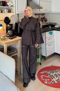 Lamelif Yarasa Kol Pantolonlu Takım Koyu kahverengi