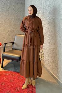 Lamelif Yarım Düğme Detaylı Terikoton Elbise Çikolata Kahve