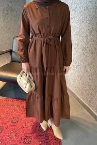 Lamelif Yarım Düğme Detaylı Terikoton Elbise Çikolata Kahve