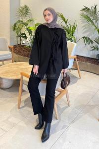 Lamelif Bağlama Detaylı Kimono Siyah