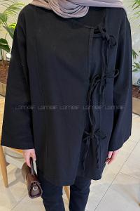 Lamelif Bağlama Detaylı Kimono Siyah
